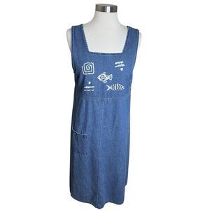 Vintage Blue J Jumper Dress Womens Small 100% Cotton Denim Shift Fish Print Boho